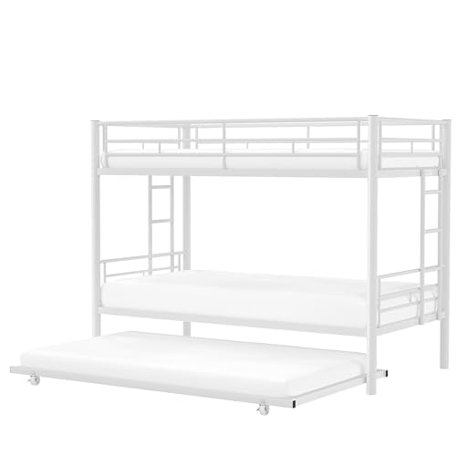 VECELO Bunk Bed Twin Over Twin with Trundle, Metal Bunkbeds with Ladder and Full-Length Guardrail, No Box Spring Needed, Space Saving, Noise Free, White VECELO