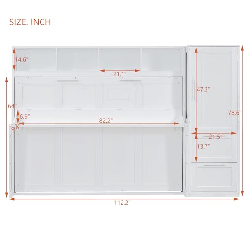 SOFTSEA Queen Size Horizontal Murphy Bed, Queen Murphy Bed with Desk Wardrobe Storage Shelf, Hideaway Wall Bed Frame with Drawers Space-Saving for Guest Room Bedroom or Office, White SOFTSEA