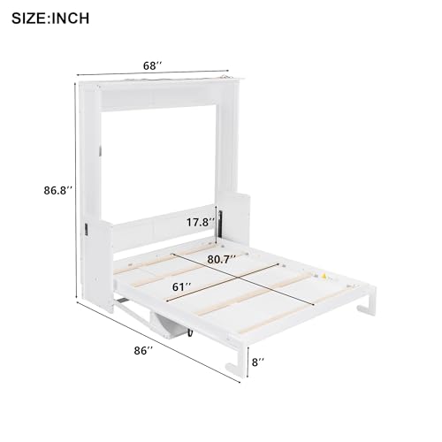 Queen Size Murphy Wall Bed with Desk, Wood Foldable Bed Cabinet with LED Lights and USB Charging Station for Small Places (White) BEDGJH