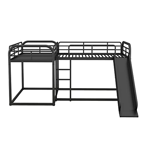 DUORUIMI Metal Quad Bunk Beds Compatible with 4, Full and Twin Size L-Shaped Bunk Beds with Slide and Ladder, 4 Bunk Beds Compatible with Boys Girls and Multi 's Family,Black,Bed Frame DUORUIMI