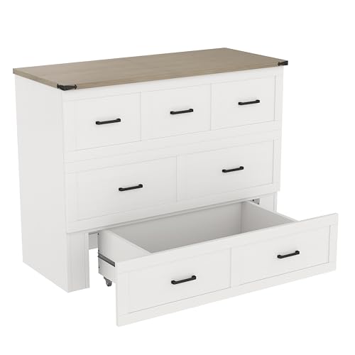 Merax Full Size Murphy Bed, Cabinet Bed with Charging Station, Multi-Functional Foldable Platform Bed with 1 Large Storage Drawer for Small Bedroom, White Merax