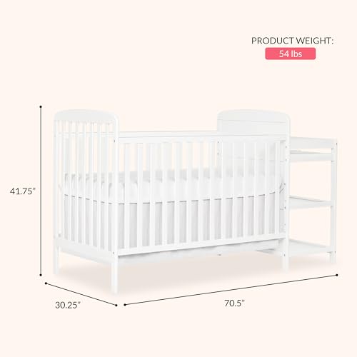 Dream On Me Anna 3-in-1 Convertible Full-Size Baby Crib & Changer with Storage in White, GreenGuard Gold & JPMA, Pinewood, Converts to Day & Toddler Bed, 3 Mattress Heights, 1″ Changing Pad
