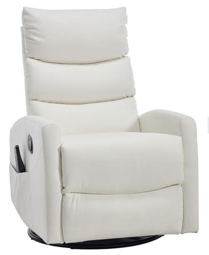 PELUMY 360° Swivel Rocker Recliner with Heat & Vibration Massage, Glider Rocking Chair for Adults, Compact Recliner for Living Room, Small Spaces, Nursery, Bedroom (Breathable Leather, White)