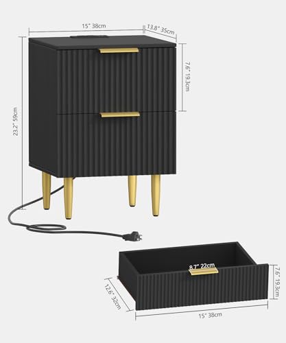 Akxomel Black Nightstand Set of 2, Fluted Night Stand with Charging Station, 13.8" D x 15" W x 23.2" H, 2 Drawers Modern Bedside Table with USB Ports and Outlets, Golden Side Table for Bedroom Akxomel