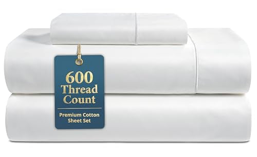 LANE LINEN Twin XL Sheets Set - 600 Thread Count Premium Sateen Weave for Hotel Quality Luxury - Extra Soft & Breathable Cotton Sheets Set for Single Beds - Fits Mattresses Upto 15'' Deep - White LANE LINEN
