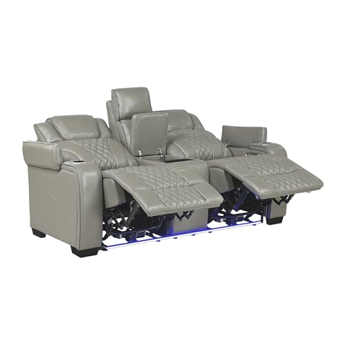 Lexicon Power Double Reclining Loveseat, Center Console/Heat/Massage/Headrest/Storage Arms/Cup Holders/LED Lights/Wireless Charging, Top Grain Leather Match Wall Hugger Recliner Loveseat, Grey Lexicon