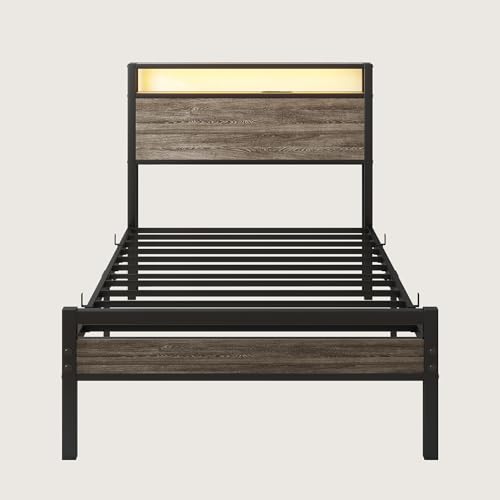 BOFENG Twin Bed Frame with Wood Headboard and USB Charging Station,Heavy Duty Metal Platform Single LED Bed Frame Twin Size with Storage No Box Spring Needed,Strong Steel Slats,Noise Free,Rustic Grey BOFENG