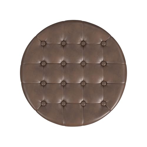 HomePop Home Decor | Upholstered Round Faux Leather Tufted Foot Rest Ottoman | Ottoman with Storage for Living Room & Bedroom | Decorative Home Furniture, Brown Faux Leather HomePop