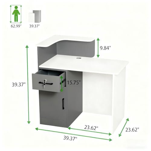 HPLWYM White Grey Reception Desk with Counter, Reception Table with Lockable Drawer, Front Desk Reception Room Table for Office Lobby Cafe Salon HPLWYM