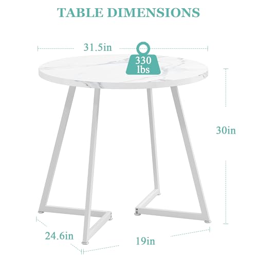 VECELO Round Dining Room Table with Wood Grain Tabletop and Steel Frame, for Kitchen, Living Room, Office, Conference, 2 to 4 Person, Fuax Marbled & White VECELO