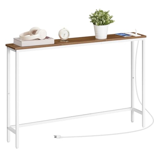 HOOBRO Narrow Console Table with Power Outlets, 44.9 Inches Sofa Table, Slim Behind Couch Table, Entryway Table with Display Shelf, for Living Room, Foyer, Hallway, Walnut and White WH114UXG01 HOOBRO
