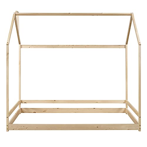 Merax Twin Size Wood House Bed, Wooden Bedframe with Roof for Kids, Teens, Boys or Girls, Natural Merax