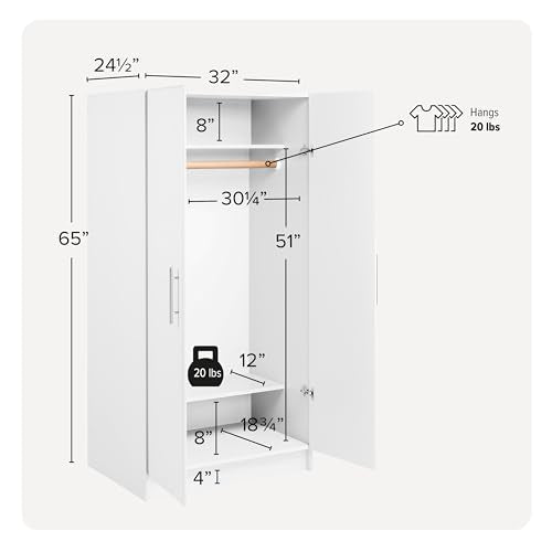 Prepac Armoir, Elite 32"W x 65"H x 24.5"D White Wardrobe Closet & Cabinet - Functional Clothes Storage with Hanging Rail, Armoire Wardrobe Prepac