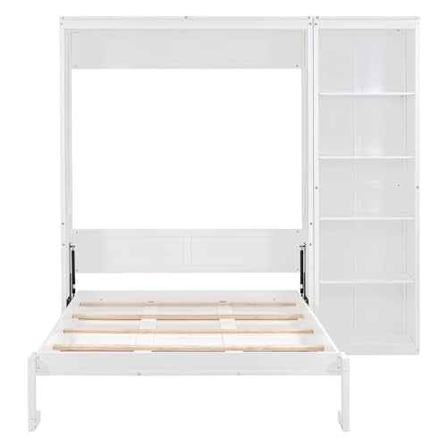 MERITLINE Full Murphy Bed with Storage Bookcase Shelves,Wood Folding White Murphy Wall Bed Cabinet MERITLINE