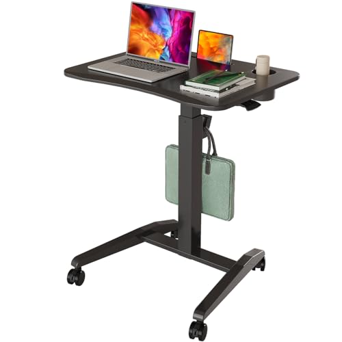 Gibbon Mounts Mobile Standing Desk, Height Adjustable Rolling Laptop Desk with Cup Holder, 27 inches Portable Sit Stand Desk with Wheels and Hook, Pneumatic Computer Table, Black Gibbon Mounts