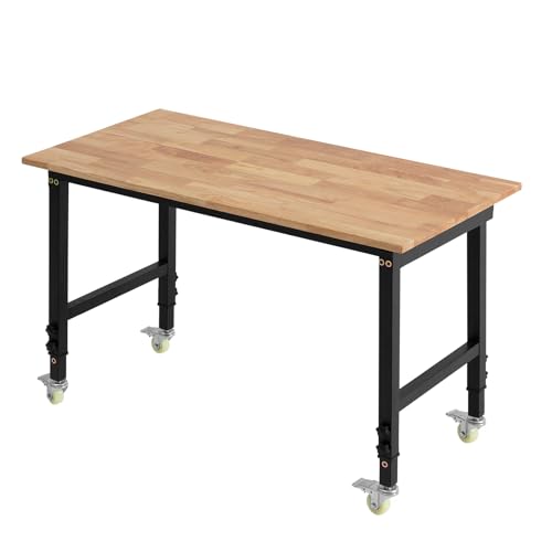 VEVOR Adjustable Workbench on Wheels, 1500 lbs Capacity, 48 x 24 Inch Oak Wood Top Workbench with 28.5-42.3 Inch Height Adjustment, Heavy-Duty Hardwood Worktable for Garage, Workshop, Home, Office VEVOR