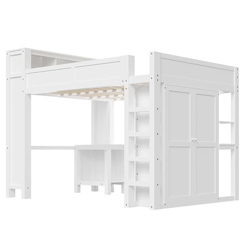 CKLMMC Wooden Queen Loft Bed with Desk, Headboard with Storage and USB, Space-Saving Modern Design for Small Rooms (White-Q1) CKLMMC
