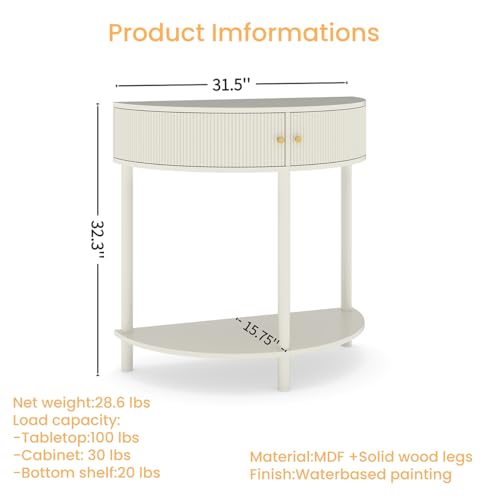 Majnesvon 31.5" Half Moon Console Table, Wood Entryway Table with Storage Drawers, Hallway Console Tables for Entryway, Living Room, Foyer (White) Majnesvon