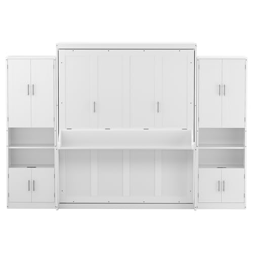 PVWIIK Queen Size Murphy Bed with Storage Drawers & Desk,Wall Bed Frame Folding into Cabinet Design w/Charging Station & Storage Shelf for Small Space,Bedroom,Guest Room,White PVWIIK