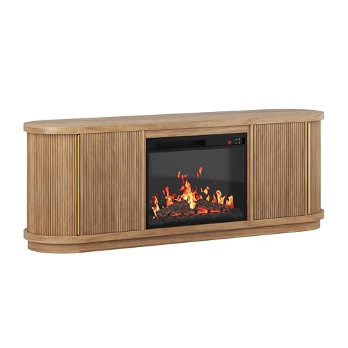 BELLEZE 67" Fluted TV Stand with Electric Fireplace Heater w/Sound, Curved Entertainment Center with Sliding Tambour Doors, Media Console Table for TV up to 75" for Living Room (Camel) BELLEZE
