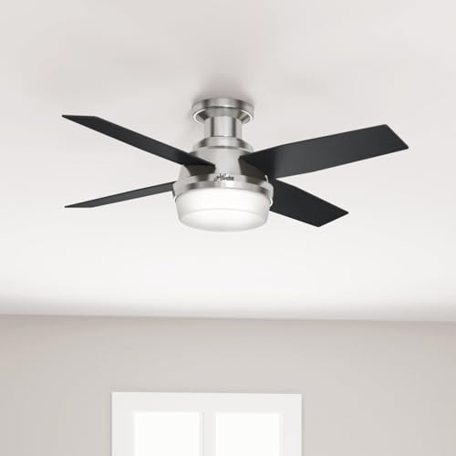 Hunter Fan Dempsey Low Profile Ceiling Fans with Lights and Remote, Flush Mount Ceiling Fan with Lights, Metal, Brushed Nickel Finish, 44 Inch LED Hunter