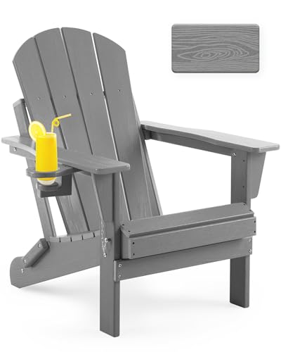 Serique Folding Adirondack Chair Wood Texture, Patio Chair Weather Resistant, Outdoor Chair, Lawn Chair with Cup Holder, Fire Pit Chair for Deck, Outdoor, Porch, Backyard, Garden (Grey) Serique