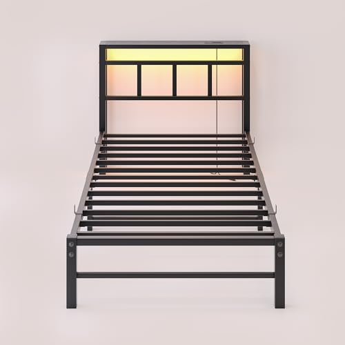 Maliacife Twin Bed Frame with Headboard,Single Bed Frame with Charging Station and LED Lights,Metal Platform Bed Twin Sizes,No Box Spring Needed,Easy Assembly,Black (Sand Black, Twin) Maliacife