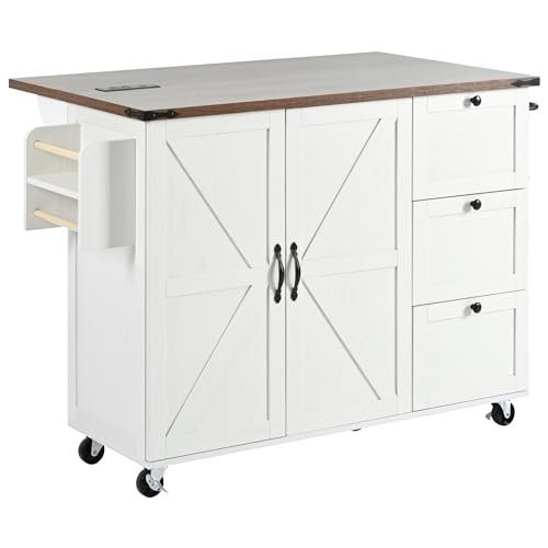 YOPTO Farmhouse Kitchen Island with Power Outlet,Kitchen Storage Island W/Internal Storage Rack,Drop Leaf,Spice Rack,Rolling Kitchen Cart on Wheels for Home,Kitchen and Dining Room,White,54.5" YOPTO
