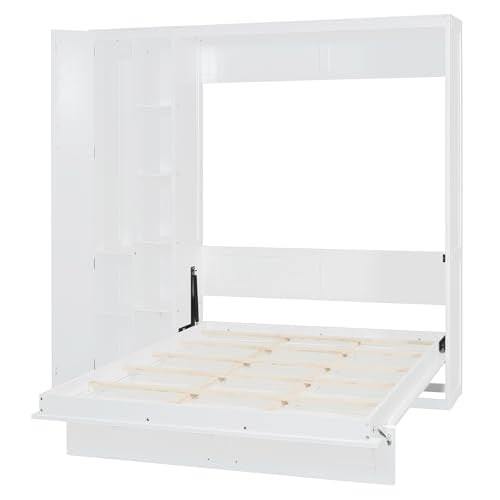 Ball & Cast Murphy Bed Full Size,Wall Chest with Shelves and 4 Drawers,Wood Hideaway Bed Cabinet Platform Bedframe w/LED Lights,can be Folded,Space-Saving,for Small Room,Dorms,White Ball & Cast