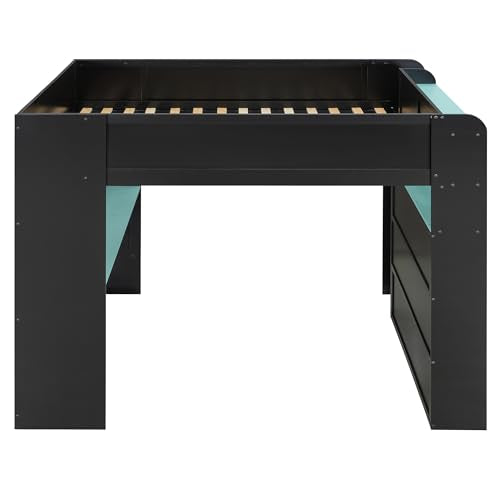 Bellemave Full Loft Bed with Height-Adjustable Desk,Wardrobe,Ample Storage Space,and RGB Light, Gaming loft Bed with Desk, Black+Blue Bellemave