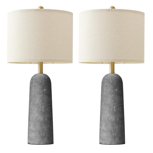 BOBOMOMO 27.25" Modern Table Lamp Set of 2, Gray Resin Lamp with Natural Stone Look, Lamps for Living Room with Linen Shades, Nightstand Lamp for Bedroom, Living Room, Entryway BOBOMOMO