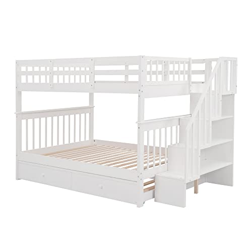 MERITLINE Wooden Bunk Bed Frame, Full Over Full Bunk Bed with Trundle, Bunk Beds with Stairs Full Size, Trundle Bunk Beds, Convertible Bunk Bed for Kids(White) MERITLINE
