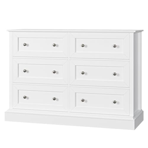 FACBOTALL Modern 6 Drawer Double Dresser, White Dresser Wood Dresser, Wide Chest of Drawers with Deep Drawers & Mental Double Handles Nursery Dresser for Living Room, Hallway FACBOTALL