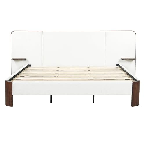 Merax King Size Upholstered Platform Bed Frame with Large Curved Headboard,Built-in Floating Shelves,Wood Slats and Metal Support for Bedroom,Noise-Free Merax