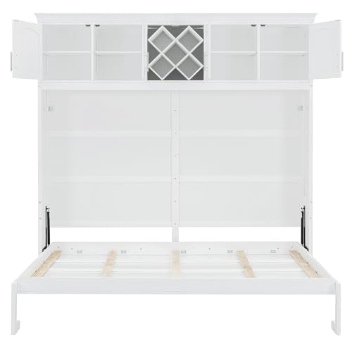Merax Queen Size Murphy Wall Bed, with Top Cabinets & Wine Rack Space-Saving Foldable Ideal for Guest Rooms, Home Offices, Small Apartments, White Merax