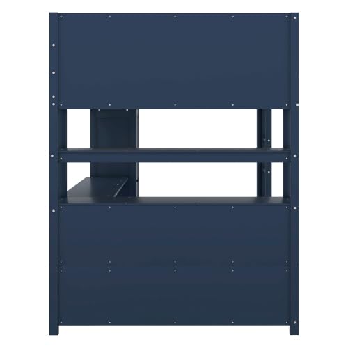 Bellemave Full Size Wood Loft Bed with L-Shaped Desk and Wardrobe,Wooden Loft Bed Frame with Bookshelf and Bookcase Headboard for Kids Teens Adults,Dark Blue Bellemave
