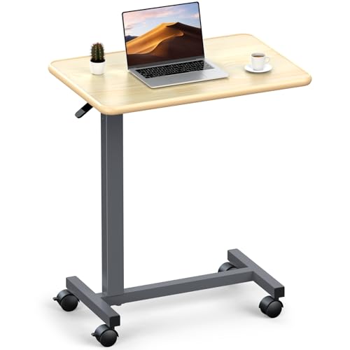 WOTURE Adjustable Overbed Table with Wheels, Bedside Rolling Table, Pneumatic Height Adjustment, Hospital Bed Table on Wheels, Standing Desk, Bedridden & Mobility Needs, Maple WOTURE