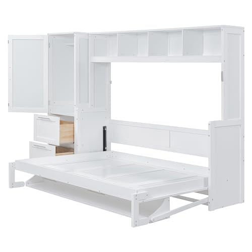 Merax Queen Size Murphy Bed, Modern Wall Bed with Storage Cabinets & Drawers, Space-Saving Foldable for Bedroom Guest Room Home Office Small Apartment, White Merax