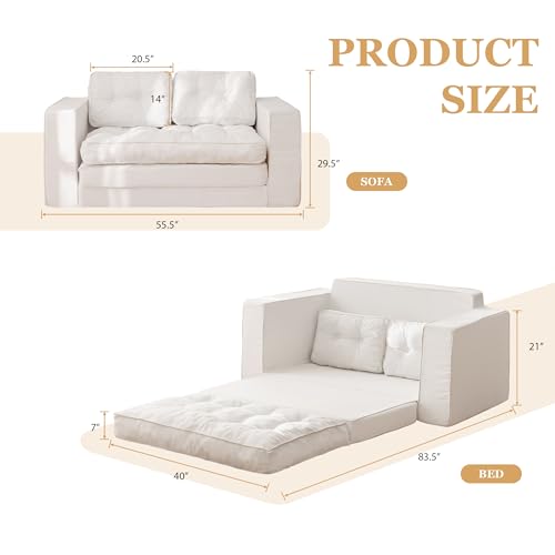 YOSHOOT Loveseat Sleeper Sofa,55" Convertible Sofa Bed Couch Futon Couches for Living Room,3-in-1 Pull Out Floor Couch with Backrest and Pillows, White YOSHOOT