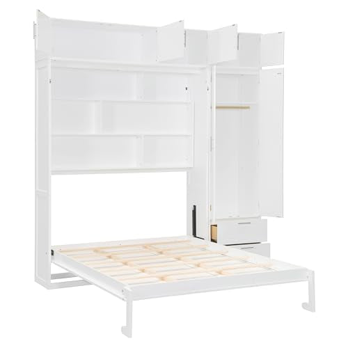 Merax Queen Size Murphy Bed with Top Cabinet, Shelves and Wardrobe, Fold into The Wall, Space-Saving Design, Multifunctional Foldable Platform Bed Frame for Bedroom, Guest Room, Home Office, White Merax