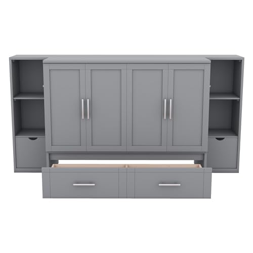 Ball & Cast Full Size Murphy Bed,Cabinet Hideaway Bed with Shelves and Drawers,Wood Wall Bed can be Folded w/USB Ports,Easy Assembly,Platform Bedframe for Kids Bedroom,Student Dorms,Gray Ball & Cast