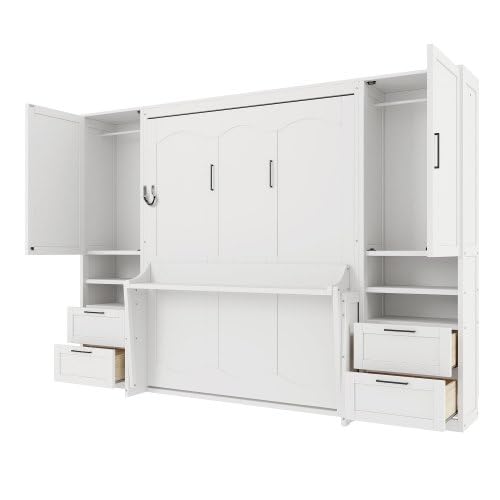 Bellemave Queen Size Murphy Bed with Closet, Wall Bed with Drawers and Shelves, Folding Cabinet Bed with Desk for Home Office, Studio, White Bellemave