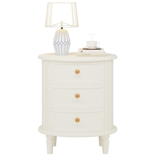 LITTLE TREE No Assembly Nightstand with 3 Drawers, Farmhouse Off-White Bedside Table for Bedroom, All Wooden Oval Nightstand with Storage LITTLE TREE