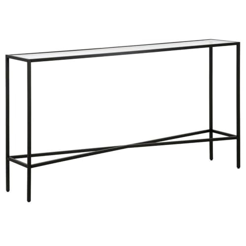 Pemberly Row 55" Blackened Bronze Metal/Glass Console Table, Tempered Glass Top, Geometric Crossbar Design, Modern Industrial Style Accent Table for Living Room or Entryway Use Pemberly Row