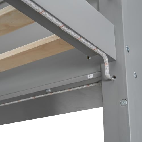 Wooden Gaming Loft Bed with LED Desk, Twin Size Gaming Loft Bed with Storage Shelves and Hanging Clothes Rack, Grey Bellemave