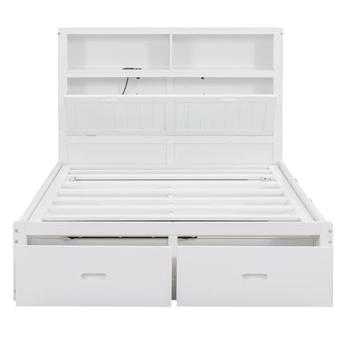 Hydraulic Platform Bed with LED Headboard, Storage Drawers, and Charging Station – Solid Wood Frame (Gray) WoodArtSupply