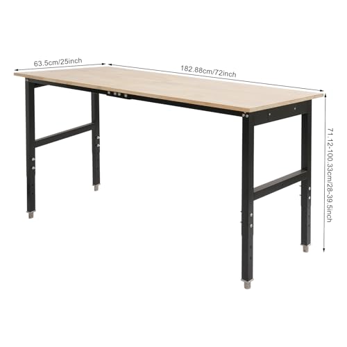 Adjustable Workbench with Power Outlets, 72"x25" Heavy-Duty Work Table, Oak Wood & Carbon Steel Workbench, 3000lbs Load Capacity, Height Adjustable, Utility Table for Garage, Workshop, Office NECKCLOUSE