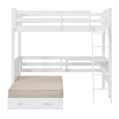 Alaterre Arlington Study Loft Bed with Pull-Out Seating and Storage, Twin Size, Solid Pine Wood and Sturdy MDF, Built-in Desk, Fold-Out Futon for Sleepovers, Guardrails Included, White Alaterre Furniture