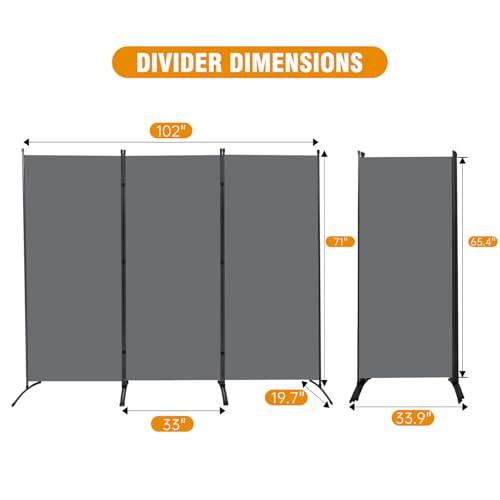 6 FT Tall Room Divider Screen Fabric Wall Divider with Metal Frame, 3 Panel Folding Privacy Screens, Portable Room Divider Panel, Freestanding Room Divider Partition for Office Bedroom Study, Grey CHOSENM