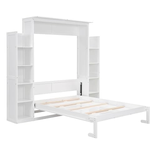 Harper & Bright Designs Full Size Murphy Bed, Wooden Full Murphy Wall Bed with Shelves and LED Lights, White Harper & Bright Designs